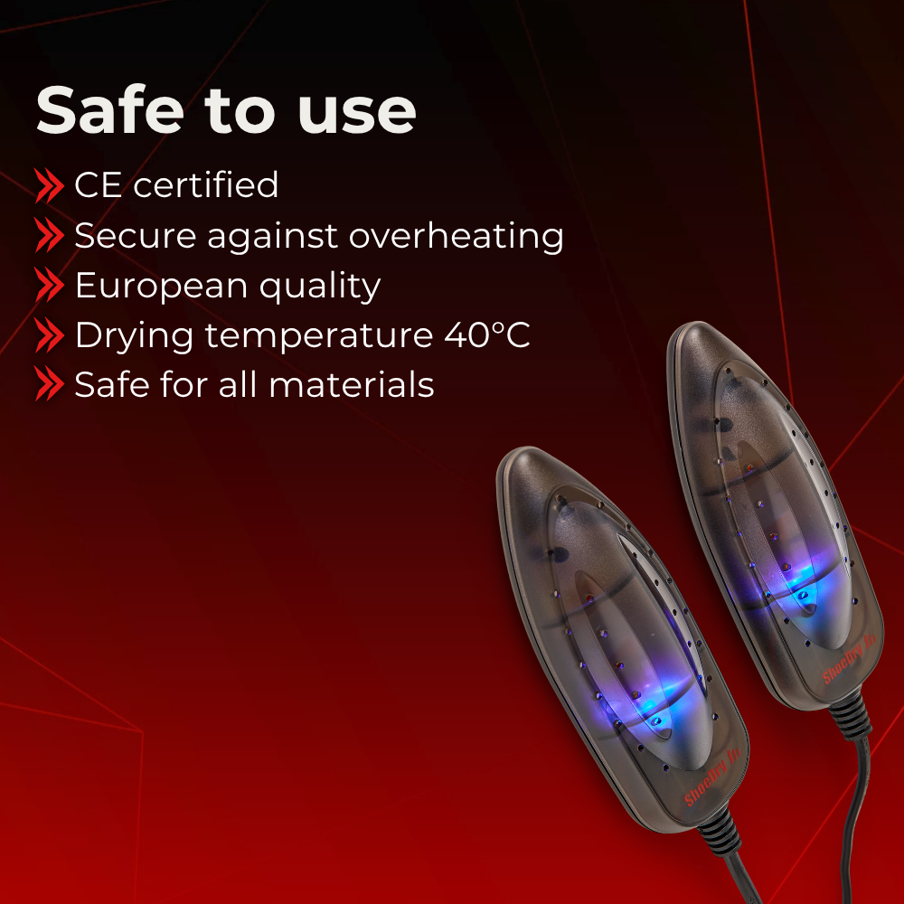 ShoeDry Airo Travel safe to use: CE certified with overheating protection
